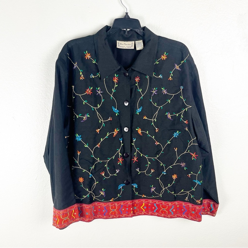 NEW DIRECTION Silk Blend Embroidered Long Sleeves Button Shacket Large Boho